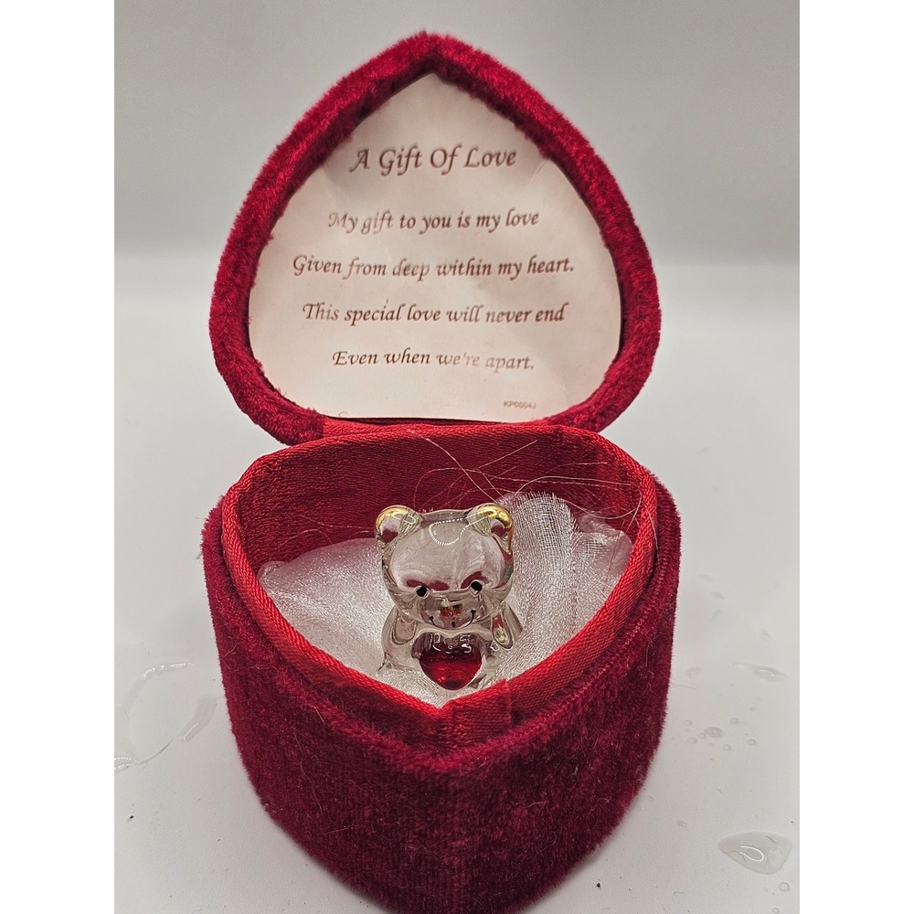 Miniature Glass Teddy Bear Figurine Red Velvet Heart Gift Box A Gift Of Love